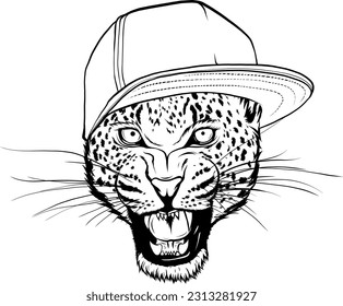 vector illustration of monochrome leopard head with hat