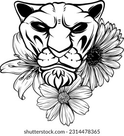 vector illustration monochrome lion and flower white background