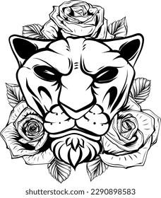 vector illustration monochrome lion and rose white background