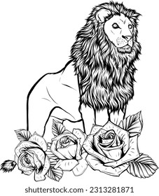 vector illustration monochrome lion and rose white background