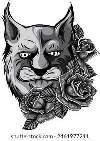 vector illustration of monochrome lion with rose on white background