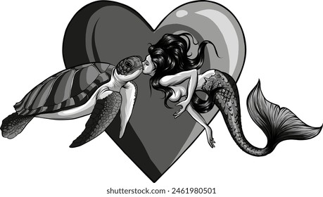 vector illustration of Monochrome mermaid kiss sea turtle on heart