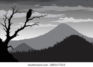 Vector illustration of a monochrome mountain landscape with a perched raven on a dead tree, layered forest, and dramatic cloudy sky.