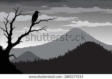 Vector illustration of a monochrome mountain landscape with a perched raven on a dead tree, layered forest, and dramatic cloudy sky.