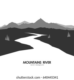 Vector illustration: Monochrome mountains landscape with white river.