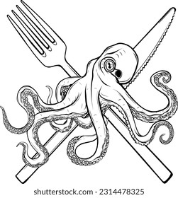 vector illustration of Monochrome octopus with cutlery on white background