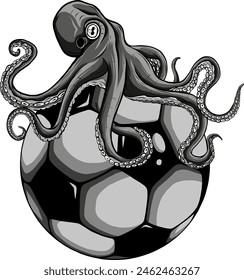 vector illustration of monochrome octopus on football ball