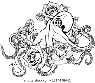 vector illustration of Monochrome octopus with roses on white background