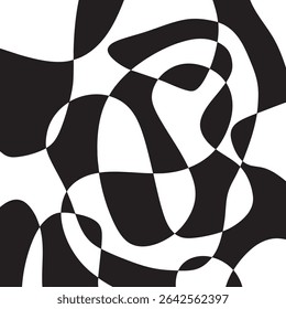 Vector illustration of monochrome optical illusion pattern. Hypnotising black and white design with groovy checkered pattern wavy print. Hypnotic, magician, circus, and psychedelic aesthetic. EPS 10.