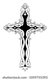 Vector illustration of monochrome ornamental religious Christian cross.