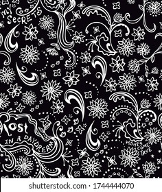 Ilustración vectorial del patrón monocromo de las flores en estilo y texto desnudo.