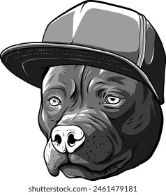 Vektorillustration des monochromen Pitbull-Kopfes mit Hut