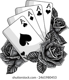 vector illustration of monochrome poker aces with roses