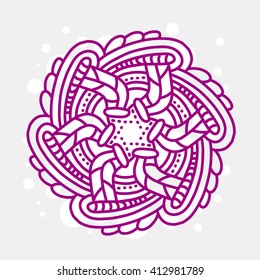 Vector illustration of monochrome red round mandala on gray background. Hand drawn flat thin line art design for card, cloth, fabric, invitation, book, serviette, wedding, logo, tattoo, medallion