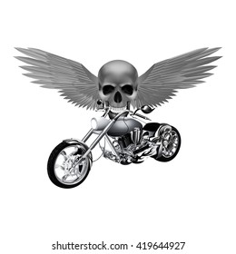 Vector illustration of monochrome road bike on the background of a skull with wings. Isolated object can be used with any text or image.