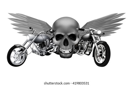 Vector illustration of monochrome road motorcycles on a background of a skull with wings. Isolated object can be used with any text