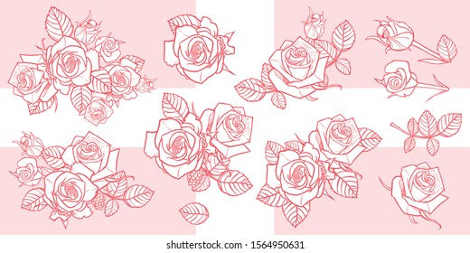 Vector illustration monochrome roses and leaves elements. Perfect for greeting cards and invitation cards for romantic occasions. Easily do light background watermarks or gold stamping.