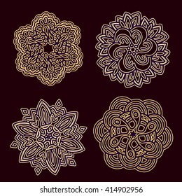 Vector illustration of monochrome round collection of lacy golden mandala on dark background. Hand drawn flat thin line art design for card, cloth, fabric, invitation, book, serviette, wedding, logo