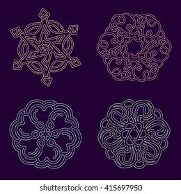 Vector illustration of monochrome round collection of lacy color mandala on dark background. Hand drawn flat thin line art design for card, cloth, fabric, invitation, book, serviette, wedding, logo