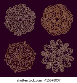 Vector illustration of monochrome round collection of lacy golden mandala on dark background. Hand drawn flat thin line art design for card, cloth, fabric, invitation, book, serviette, wedding, logo