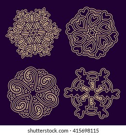Vector illustration of monochrome round collection of lacy golden mandala on dark background. Hand drawn flat thin line art design for card, cloth, fabric, invitation, book, serviette, wedding, logo