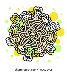 Vector illustration of monochrome round mandala with yellow and green spot on white background.Hand drawn flat thin line art design for card,cloth,fabric,invitation,book,serviette,wedding,logo,tattoo