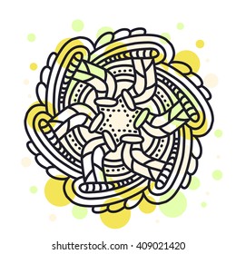 Vector illustration of monochrome round mandala with yellow and green drop on white background.Hand drawn flat thin line art design for card,cloth,fabric,invitation,book,serviette,wedding,logo,tattoo