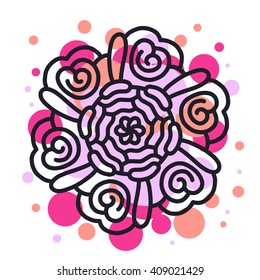 Vector illustration of monochrome round mandala with red and purple spot on white background.Hand drawn flat thin line art design for card,fabric,invitation,book,serviette,tattoo,medallion,pattern