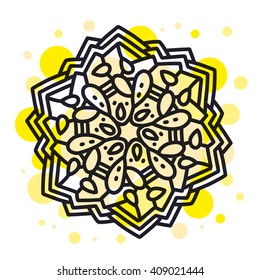 Vector illustration of monochrome round mandala with yellow spot on white background. Hand drawn flat thin line art design for card,cloth,fabric,invitation,book,wedding,logo,tattoo,medallion,pattern