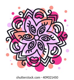 Vector illustration of monochrome round mandala with red and purple drop on white background.Hand drawn flat thin line art design for card,cloth,fabric,invitation,book,serviette,wedding,logo,tattoo