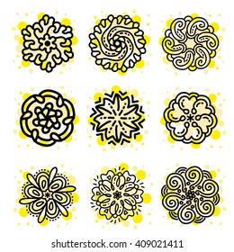 Vector illustration of monochrome round set of mandala with yellow spot on white background.Hand drawn flat thin line art design for card,cloth,fabric,invitation,book,serviette,wedding,logo,tattoo