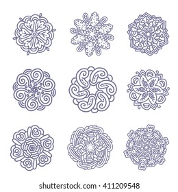 Vector illustration of monochrome round set of lacy gray mandala on dark background. Hand drawn flat thin line art design for card, cloth, fabric, invitation, coloring adult book,  wedding, tattoo