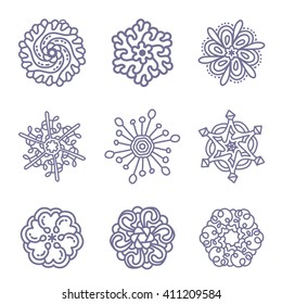 Vector illustration of monochrome round set of lacy gray mandala on dark background. Hand drawn flat thin line art design for card, cloth, fabric, invitation, coloring adult book, wedding, tattoo
