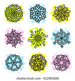 Vector illustration of monochrome round set of black mandala with colorful spot on white background. Hand drawn flat thin line art design for card, cloth, fabric, invitation, book, serviette, wedding
