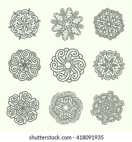Vector illustration of monochrome round set of delicate green mandala on light background. Hand drawn flat thin line art design for card, cloth, fabric, invitation, book, serviette, wedding, logo