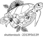 vector illustration of monochrome sea turtle with flower on white background