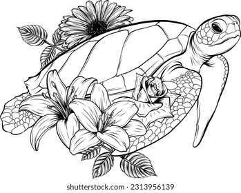 vector illustration of monochrome sea turtle with flower on white background svg
