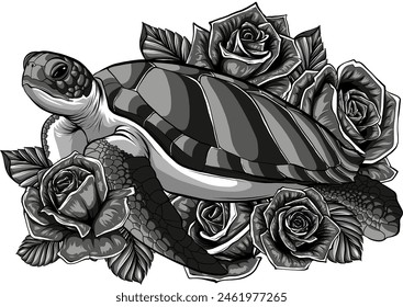 vector illustration of monochrome sea turtle with roses
