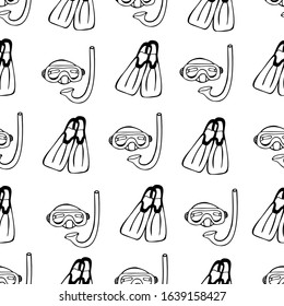 Vector illustration. Monochrome seamless pattern in the form of a mask with a tube for swimming underwater and fins on an isolated white background.