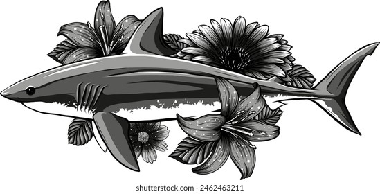 vector illustration of monochrome shark with flower