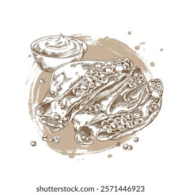 Vector illustration of monochrome sketch with pancakes with caviar and sour cream. Hand drawn. Black or red caviar. Seafood. Russian cuisine. Maslenitsa. For menu, label or advertising.