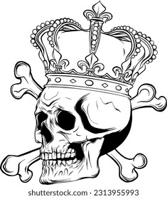 vector illustration of monochrome skull with crown on white background