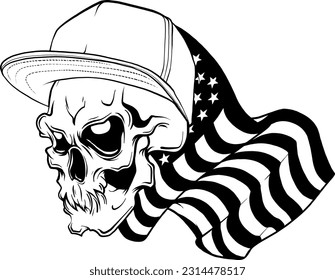 vector illustration of monochrome skull with hat on american flag