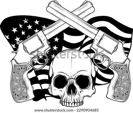 vector illustration of Monochrome skull with two revolvers