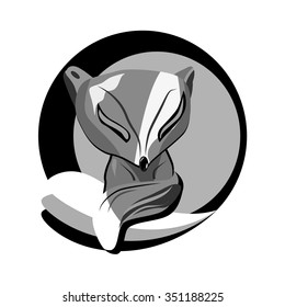 a vector illustration of monochrome sleepy fox on the grass and sun behind it