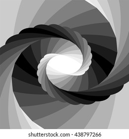 Vector Illustration. Monochrome Striped Vortex Shimmering from Black to White Tones and Converging to the Center. Optical Illusion of Depth and Volume. Suitable for Web Design.