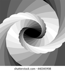Vector Illustration. Monochrome Striped Vortex Shimmering from Black to White Tones and Converging to the Center. Optical Illusion of Depth and Volume. Suitable for Web Design.
