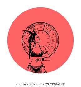 Vector illustration of monochrome symbol or icon with astrological sign and romantic beauty woman on a white isolated background. Zodiac symbol art.