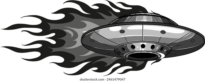 vector illustration of monochrome ufo with flames