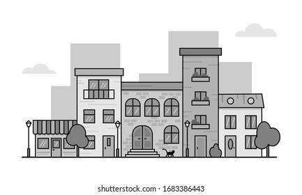 Vector illustration of monochrome urban landscape with clouds, trees and street lights.